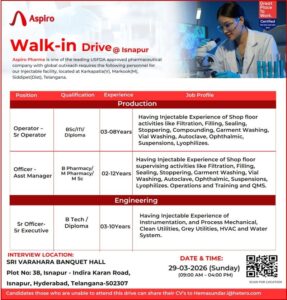 Aspiro Pharma Hiring For Production / Engineering