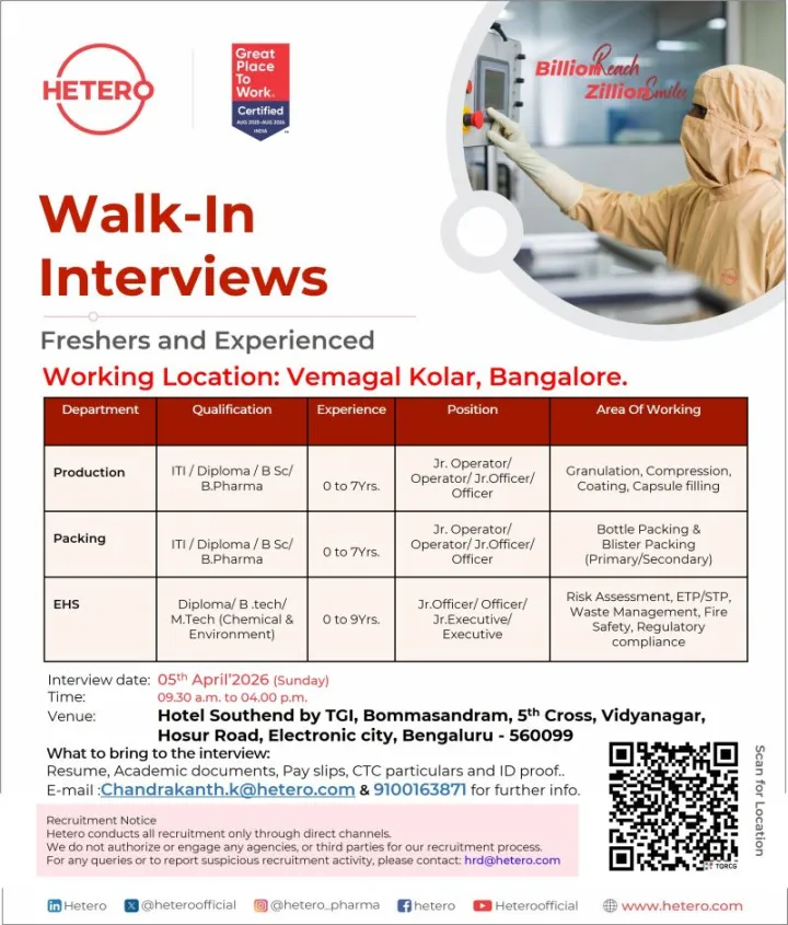 Hetero Pharma is Hiring Freshers & Experienced for Production, Packing & EHS - PharmaBharat