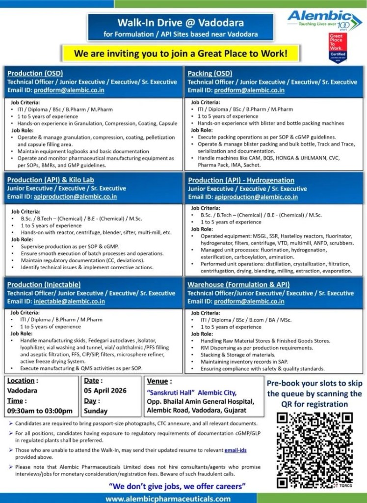 Alembic Pharma is Hiring for Production, Packing, API, Injectable, and Warehouse | PharmaBharat