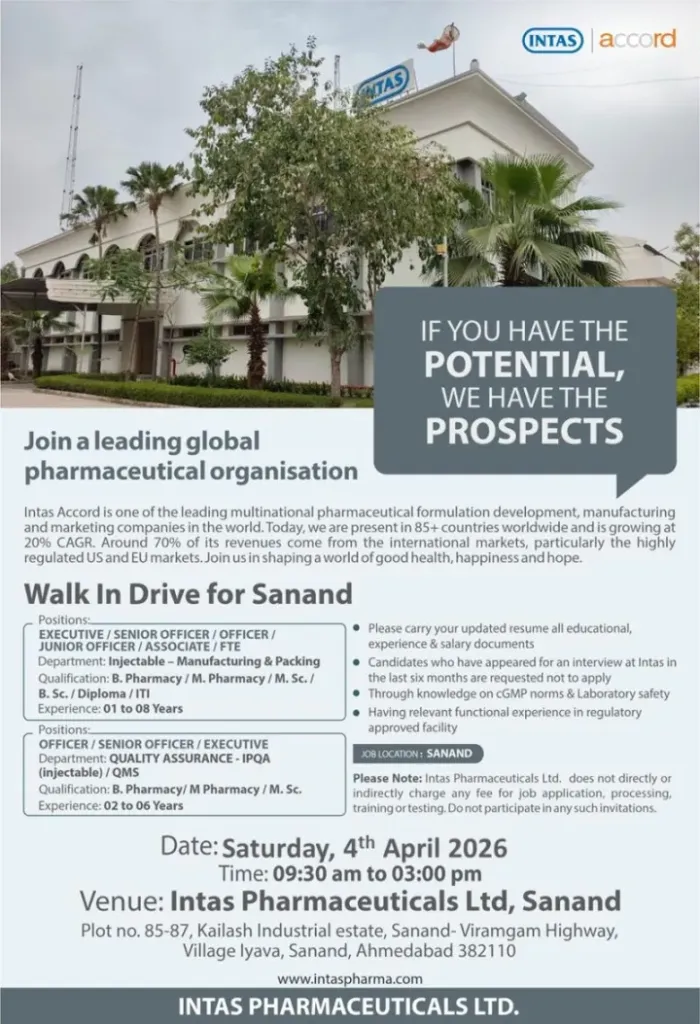 Intas Pharmaceuticals is HIring for QA, Production & Injectable roles - PharmaBharat