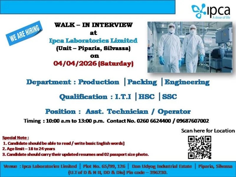 Ipca Laboratories is Hiring FRESHERS for Production, Packing and Engineering roles