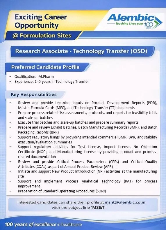 Alembic Pharma is Hiring for Research Associate - Technology Transfer (OSD) - PharmaBharat