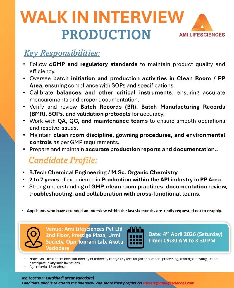 Ami Lifesciences Hiring for Production Department - PharmaBharat