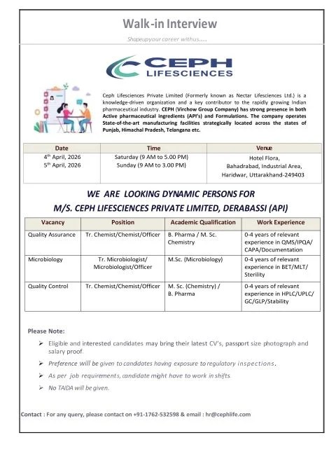 Ceph Lifesciences is Hiring Freshers and Experienced for QA, QC & Microbiology