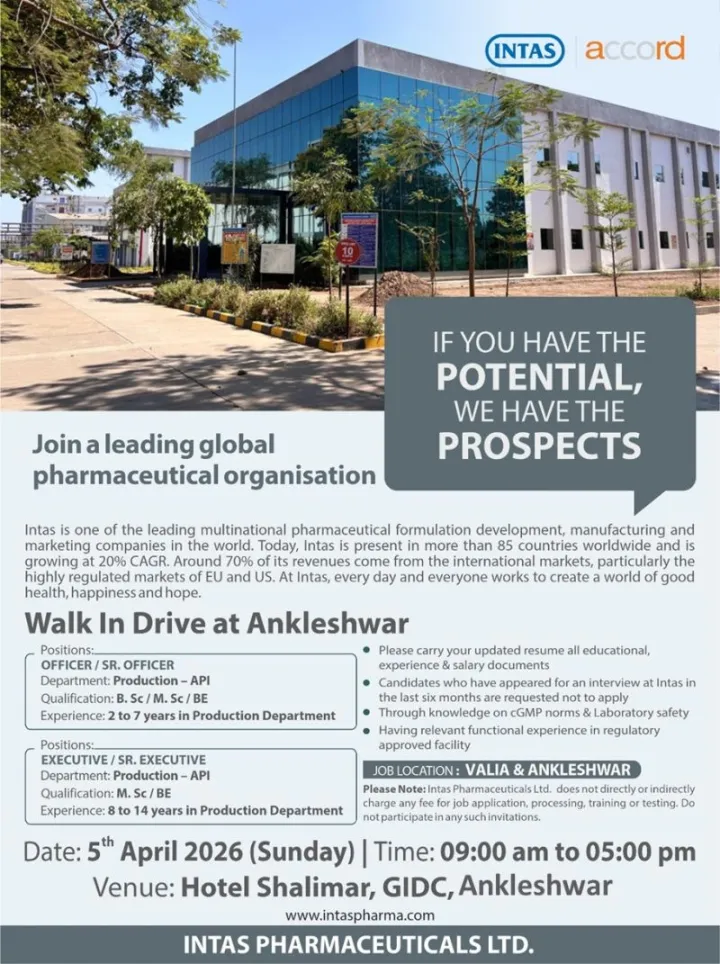 Intas Pharmaceuticals is Hiring for Production API Jobs