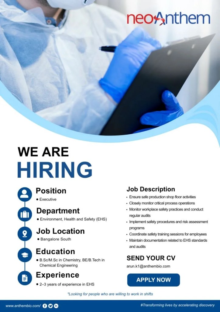 NeoAnthem is Hiring for Environment, Health and Safety (EHS) | PharmaBharat