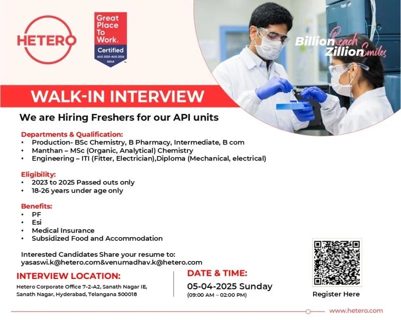 Hetero is Hiring FRESHERS for Production, QA, QC & Engineering roles