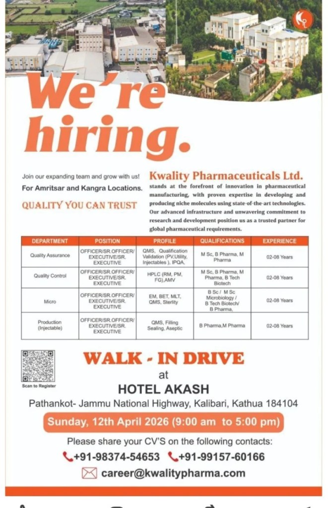 Kwality Pharmaceuticals is Hiring for QA, QC, Micro & Production Roles