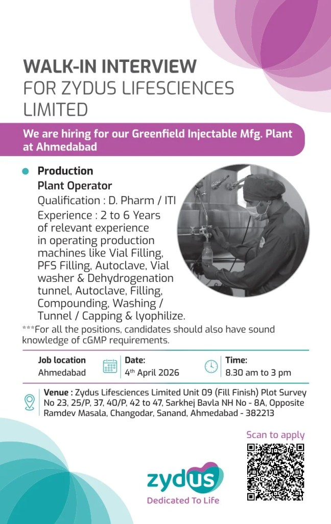 Zydus Lifesciences is Hiring for Production roles