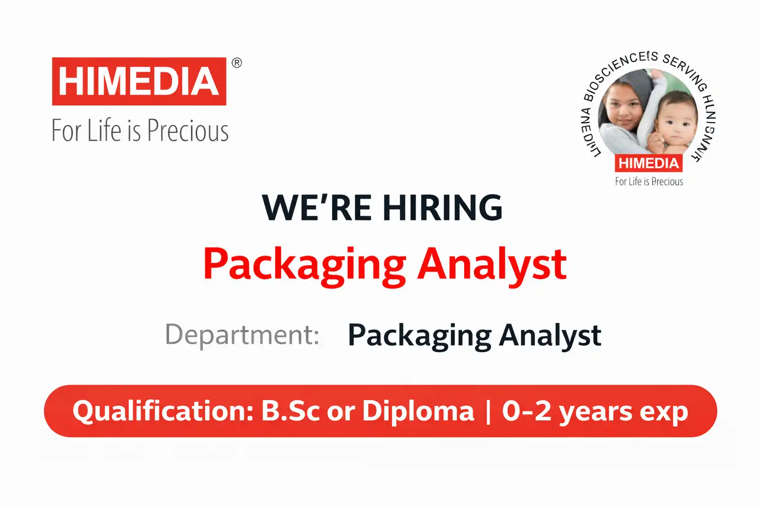 HiMedia Laboratories is Hiring FRESHERS for Packaging Analyst