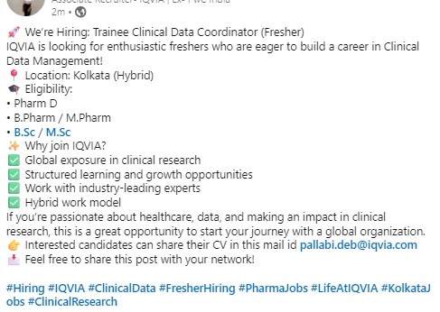 IQVIA Hiring Trainee Clinical Data Coordinator (Freshers) &ndash; Apply Now | PharmaBharat