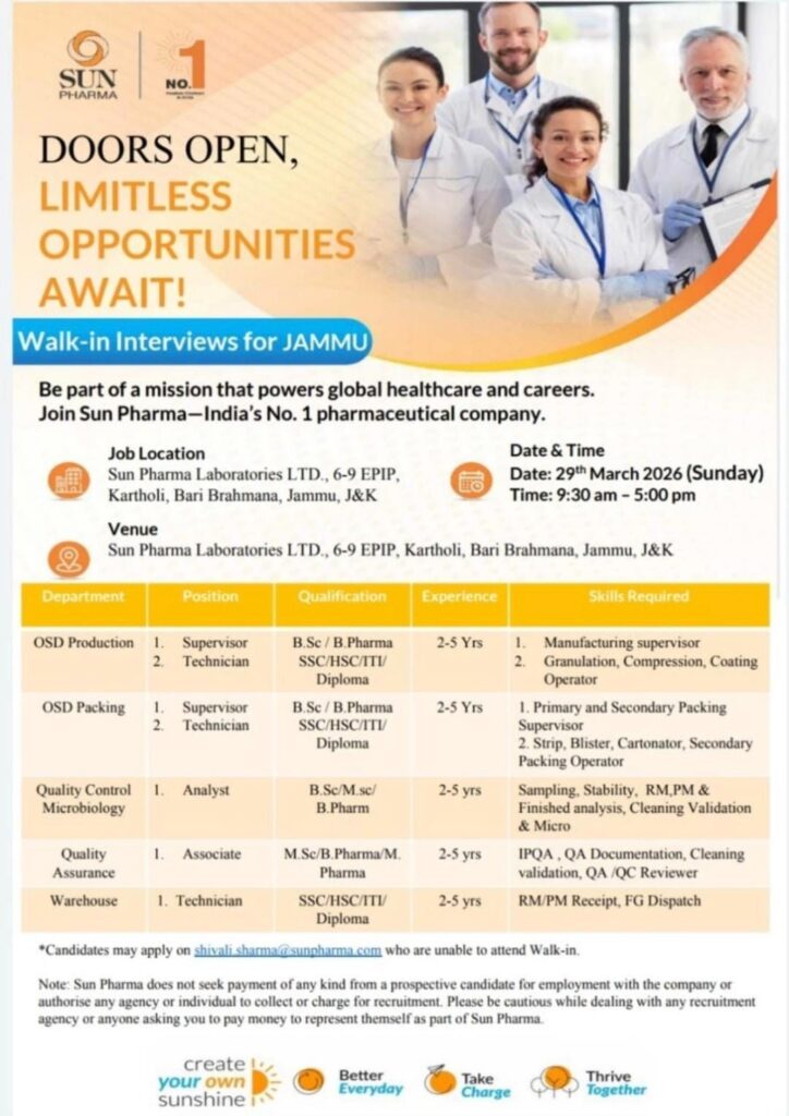 Sun Pharma Walk-In Interview 2026 Jammu | QA, QC, Production & Warehouse Jobs | PHARMA JOBS POST
