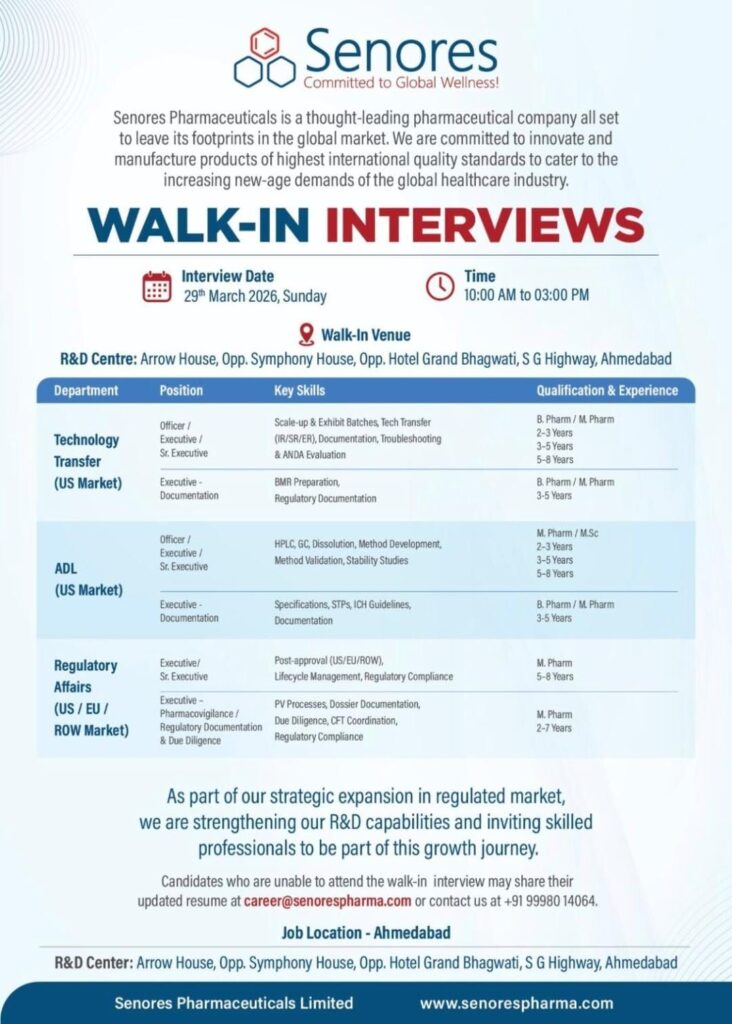 Senores Pharmaceuticals Walk-In Interview 2026 | R&D, ADL, Regulatory Jobs in Ahmedabad | PHARMA JOBS POST