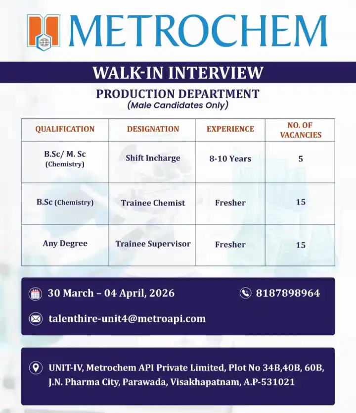 Metrochem is Hiring Freshers & experienced for Production Department - PharmaBharat