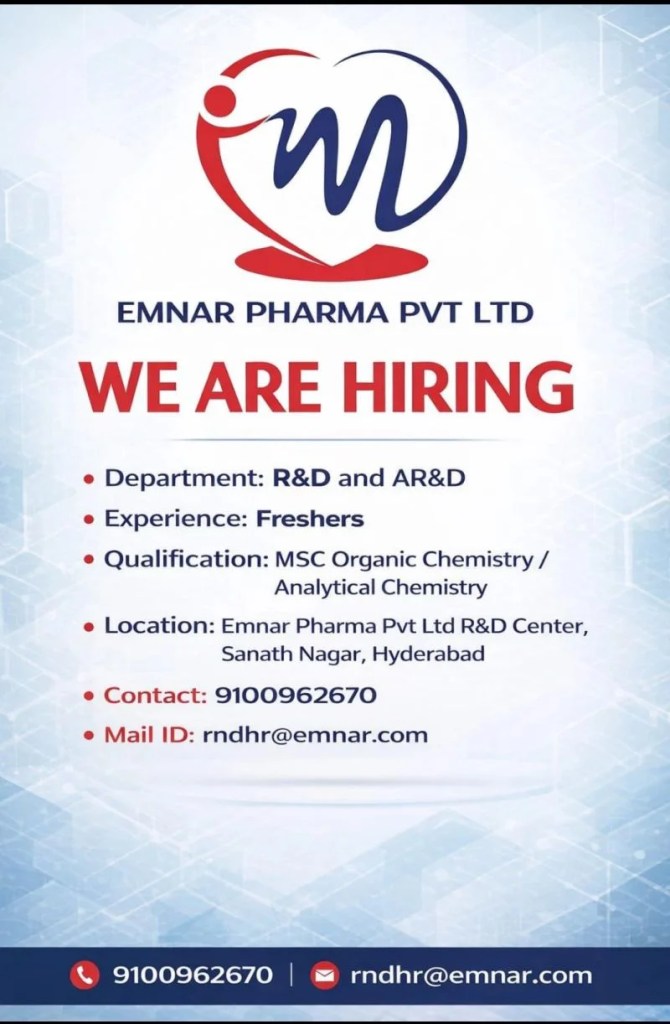 Emnar Pharma&nbsp;is Hiring FRESHERS for R&D and AR&D roles