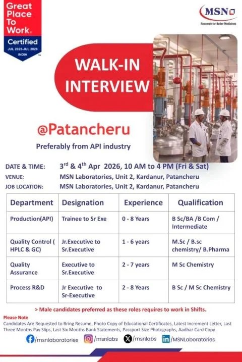 MSN Laboratories is Hiring for Production, QC, QA & R&D roles