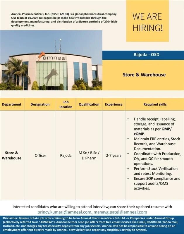 Amneal Pharmaceuticals is Hiring for Store & Warehouse Officer
