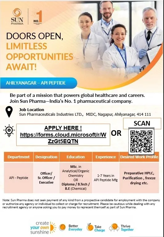 Sun Pharmaceutical is Hiring for Production, Peptide Role