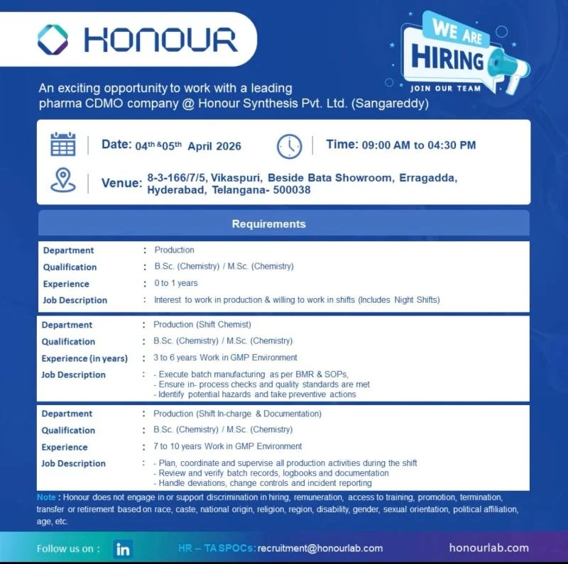 Honour Lab Ltd is Hiring Freshers & Experienced for Production Roles