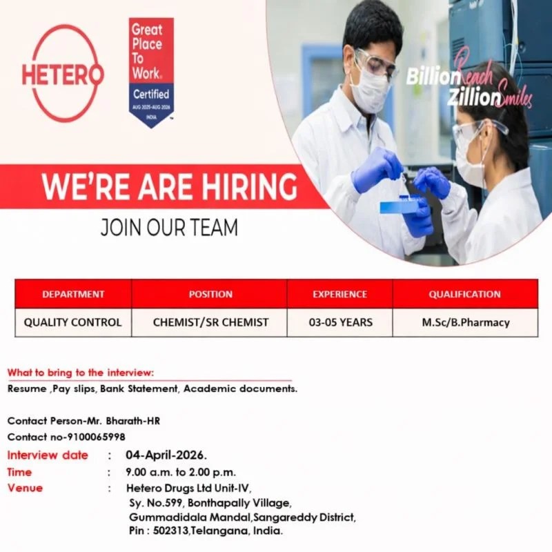 Hetero is Hiring for Quality Control Department