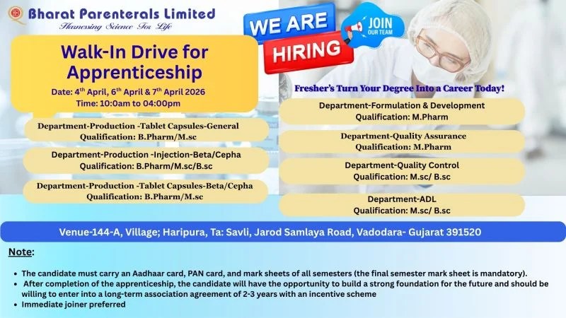 Bharat Parenterals is Hiring FRESHERS for Production, QA, QC, ADL and Formulation & Development