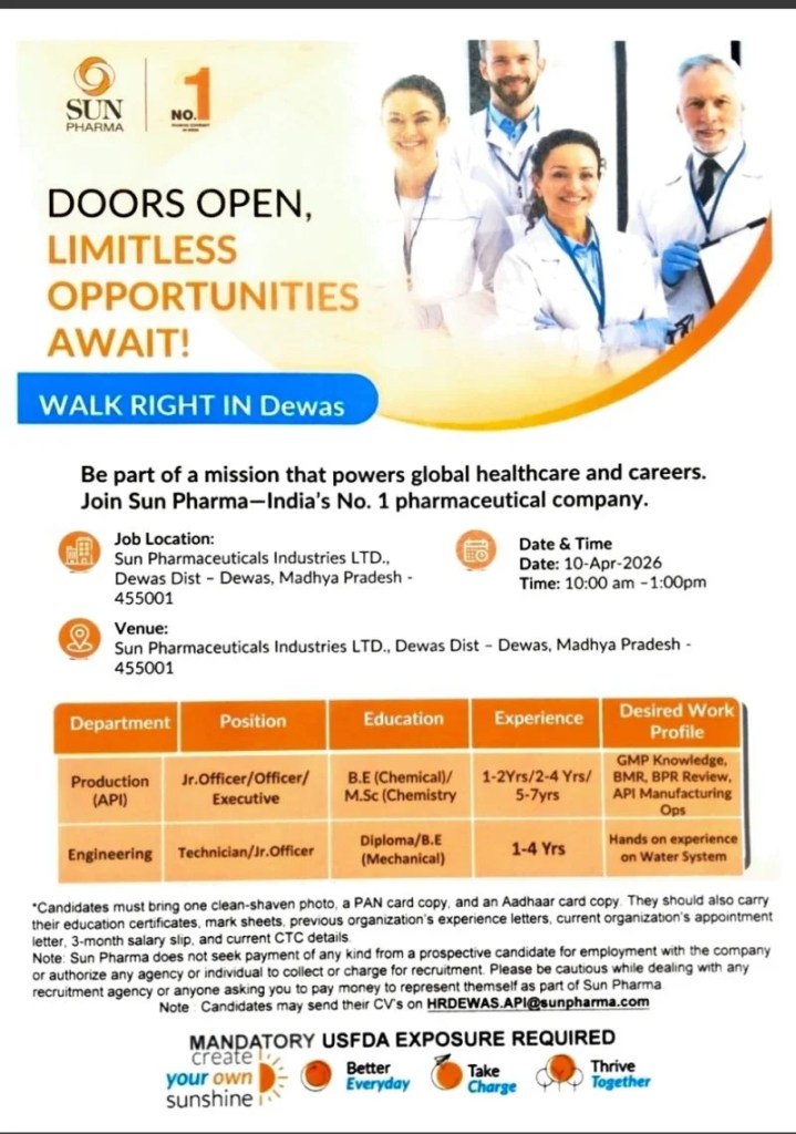 Sun Pharma is Hiring for Production & Engineering roles