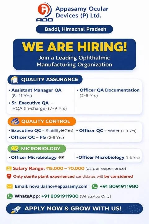 Appasamy Ocular Devices is Hiraing for QA, QC & Microbiology Jobs