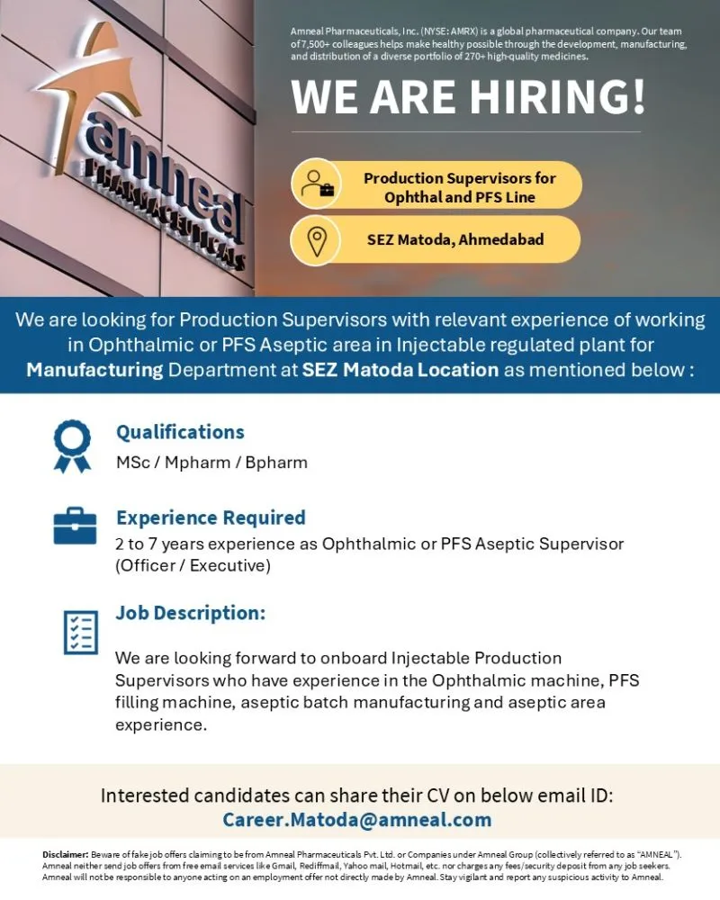 Amneal Pharma is Hiring for Production Supervisors & Operators