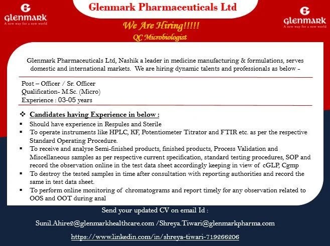 Glenmark Pharma is Hiring for Officer / Senior Officer &ndash; QC Microbiologist