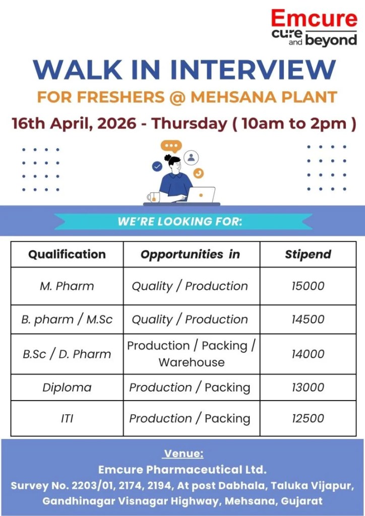 Emcure Walk-In Interview: FRESHERS for QA, QC, Production, Packing, and Warehouse