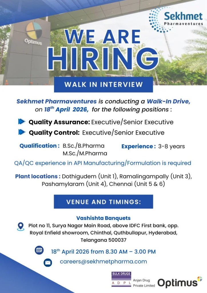 Sekhmet Pharmaventures is Hiring for Quality Assurance & Quality Control Roles