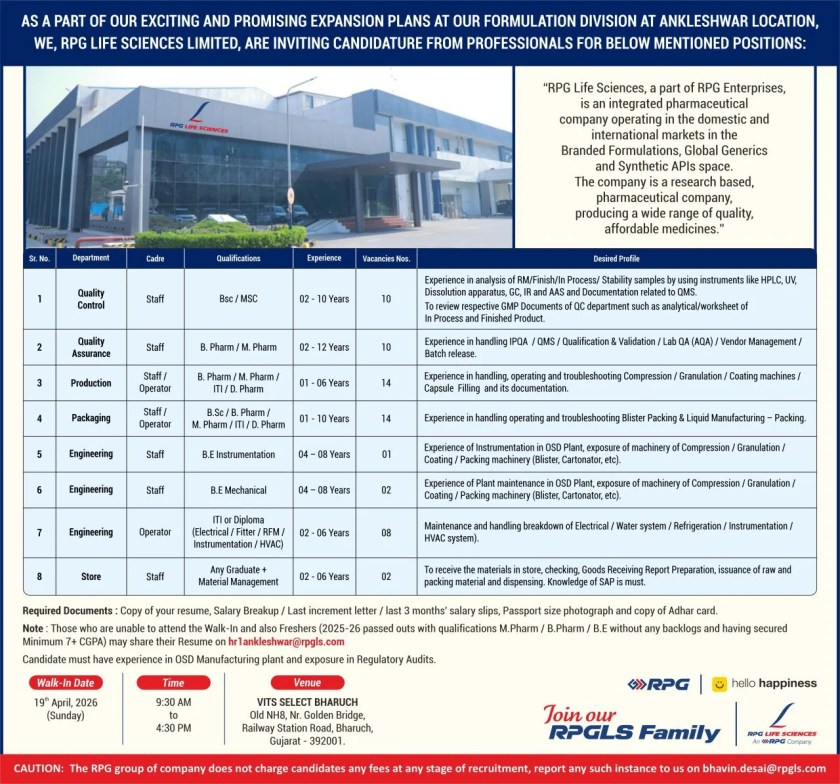 RPG Life Sciences is Hiring for QC, QA, Production, Packaging, Engineering and Store