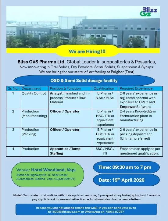 Bliss Gvs Pharma is Hiring FRESHERS for QC & Production Roles