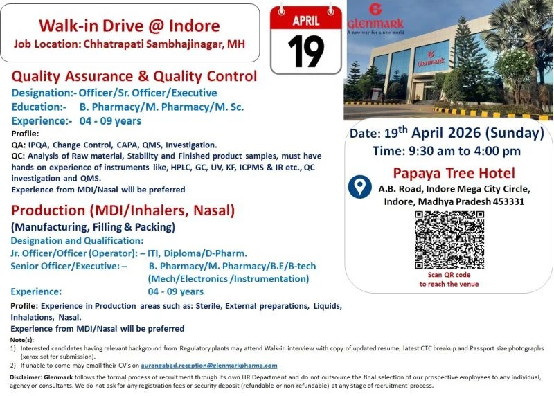 Glenmark Pharmaceuticals is Hiring for QA, QC & Production Roles