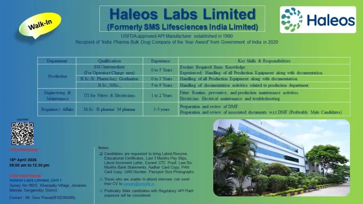 Haleos Labs is Hiring Freshers & Experienced for Production, Engineering & Regulatory Affairs