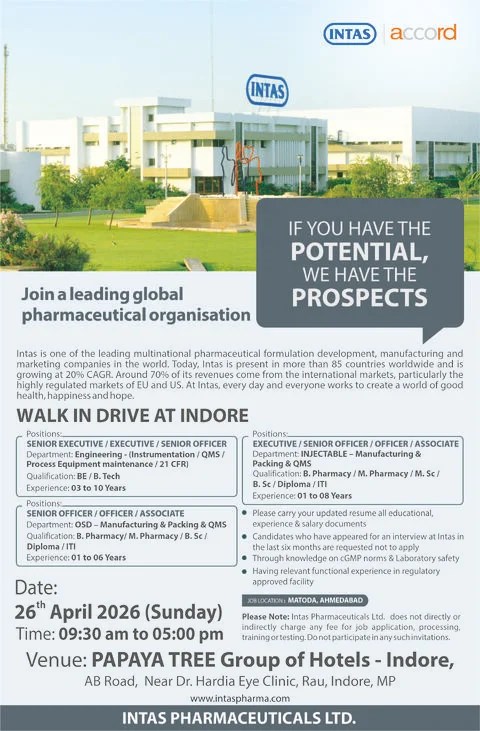 Intas Pharmaceuticals is Hiring for Engineering, Injectable & OSD roles