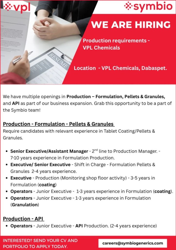 Symbio VPL Chemicals is Hiring for Production &ndash; Formulation, Pellets & Granules, API