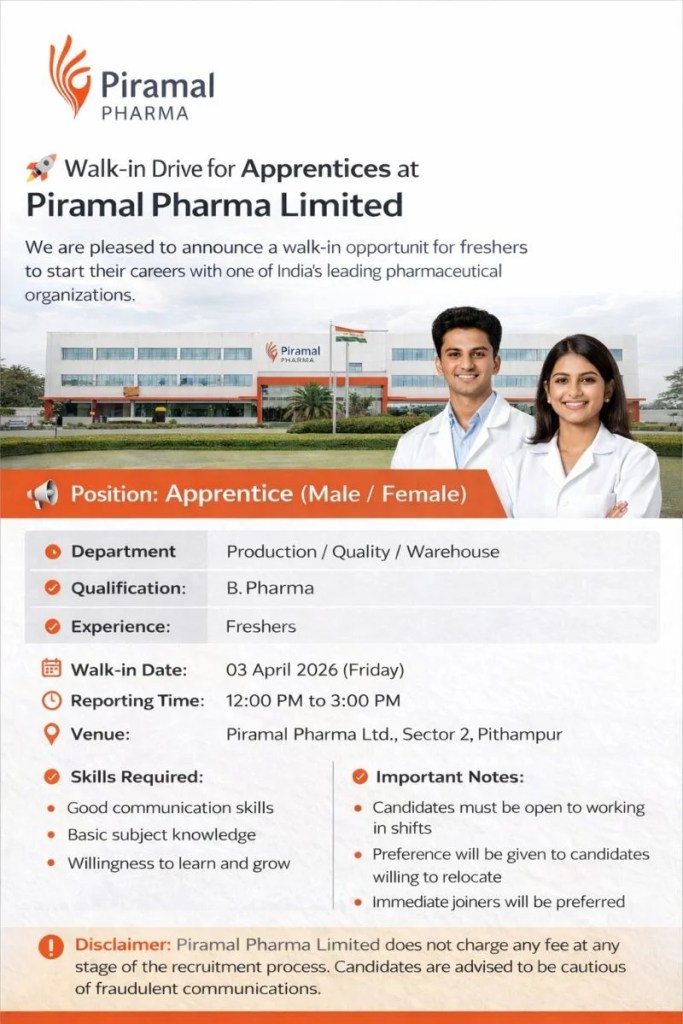 Piramal Pharma is Hiring FRESHERS for Production, Quality, and Warehouse