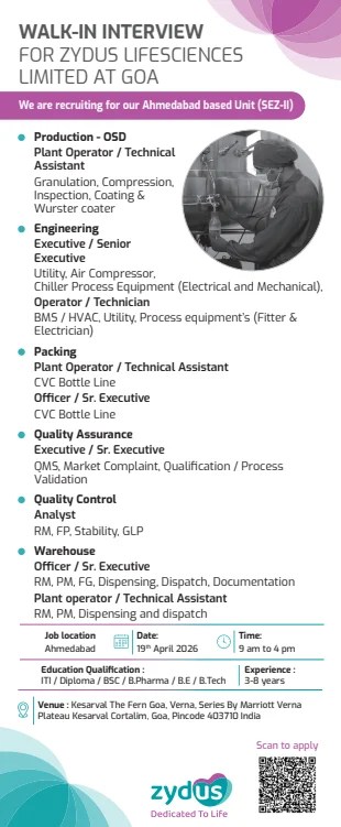 Zydus Lifesciences is Hiring for Production, QA, QC & Engineering roles