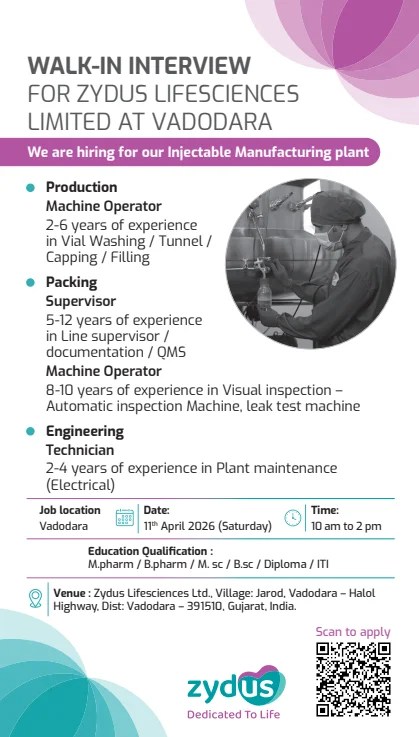 Zydus Lifesciences is Hiring for Production, Packing, and Engineering roles