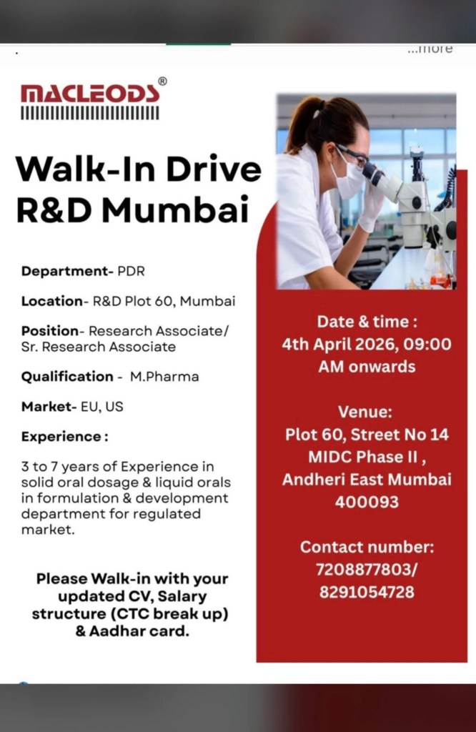 Macleods Pharmaceuticals is Hiring for R&D Department