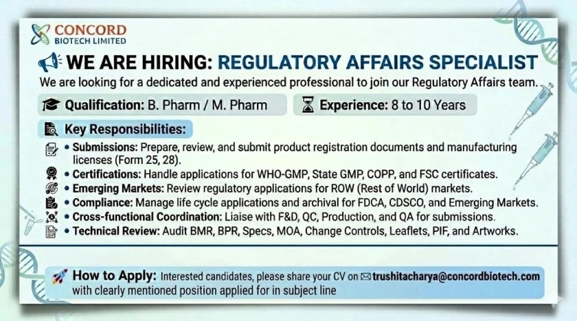Concord Biotech is Hiring for Regulatory Affairs Specialist