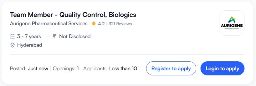 Aurigene Pharma is Hiring for Team Member QC Biologics Job