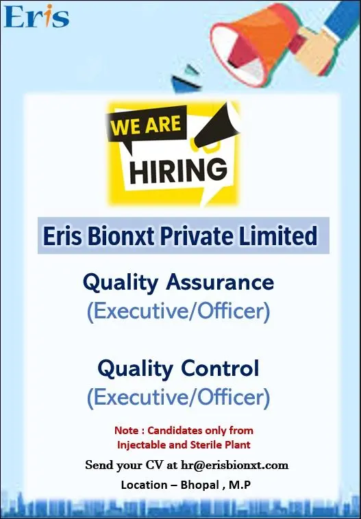 Eris Bionxt is Hiring for QA & QC Executive Jobs