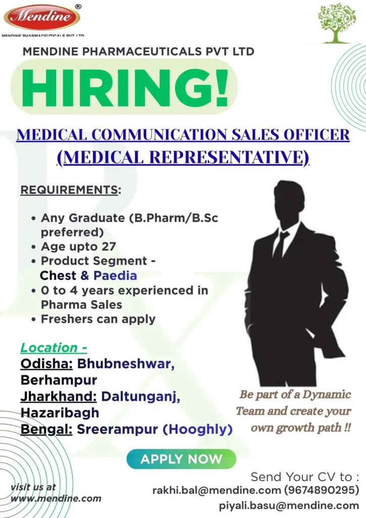 Mendine Pharma is Hiring FRESHERS for Medical Representative