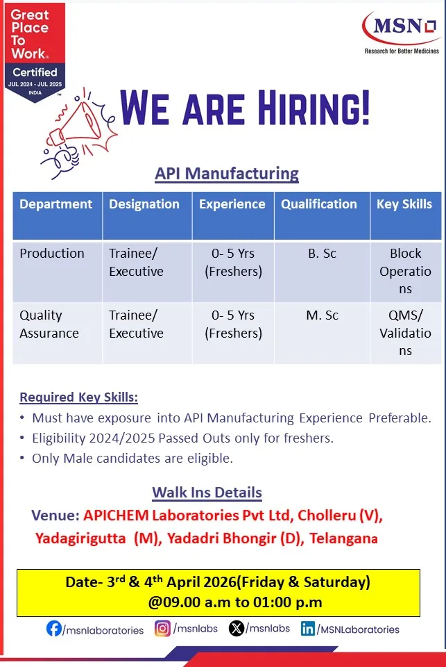 MSN Laboratories is Hiring FRESHERS for Production & QA roles