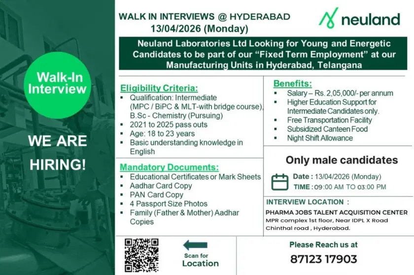 Neuland Laboratories is Hiring FRESHERS for Manufacturing Department