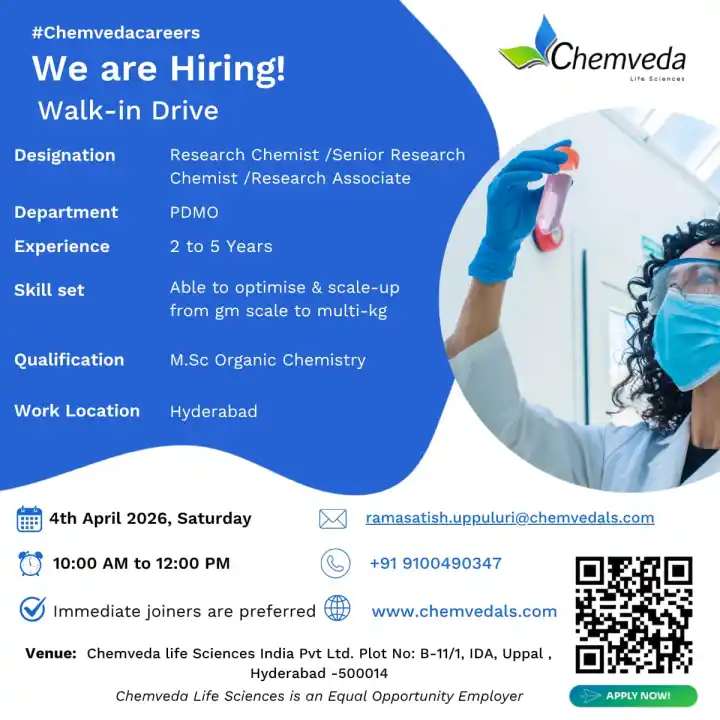 Chemveda Life Sciences is Hiring for Research Chemist, and Research Associate