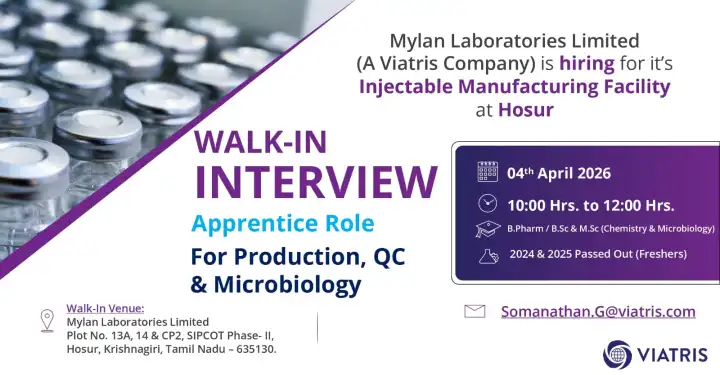 Mylan Laboratories is Hiring FRESHERS for Production, QC & Microbiology