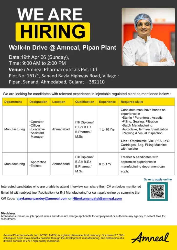 Amneal Pharma is Hiring Freshers & Experienced for Manufacturing Jobs